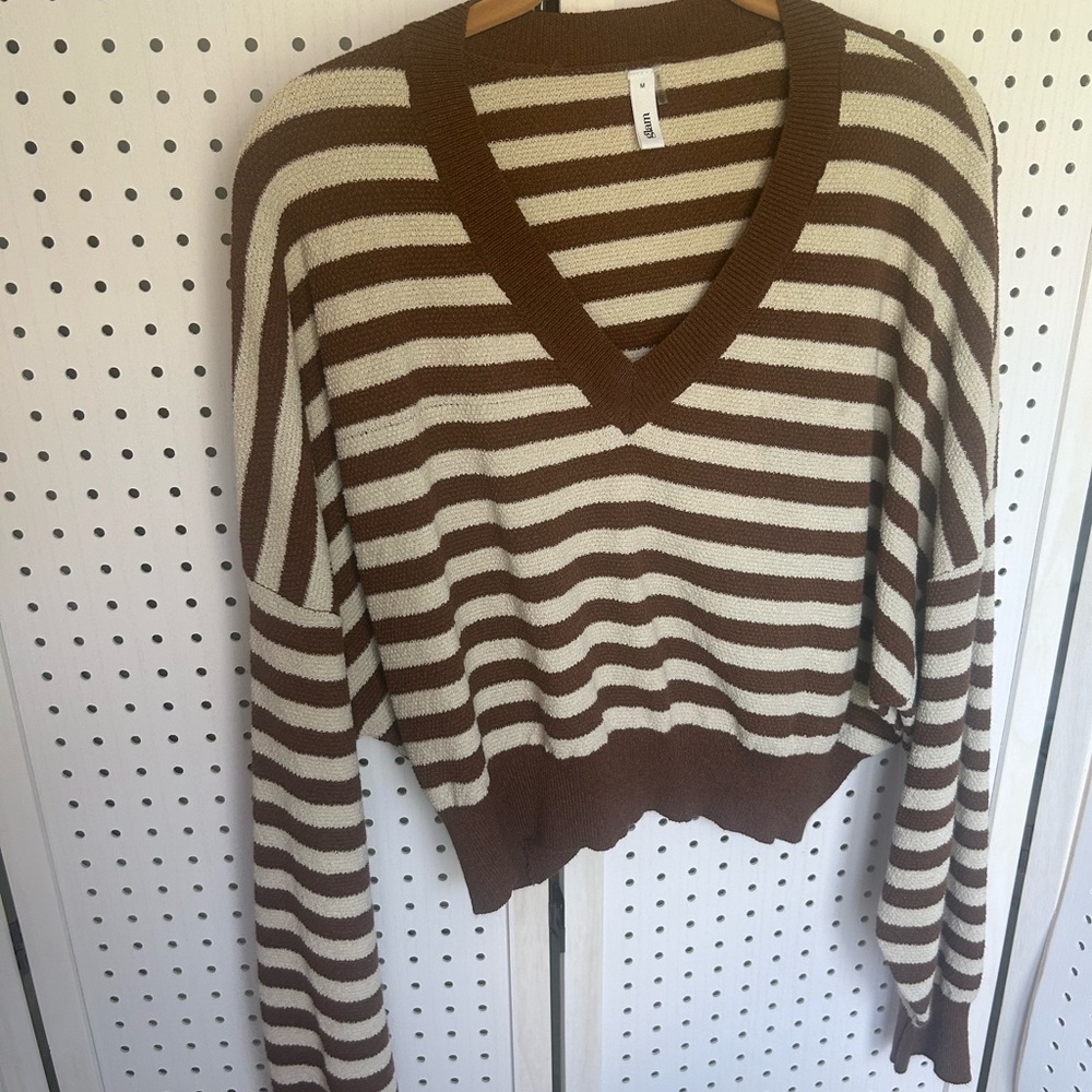 glam Brown & Cream Striped V-Neck Sweater